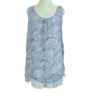 Via Signoria Tank Top Women L Blue Paisley 100% Silk Made in Italy Ruffle